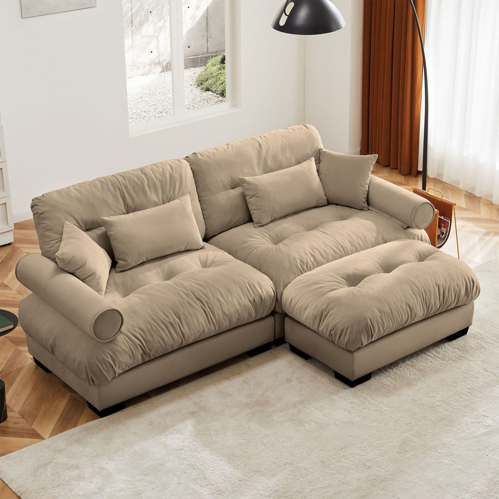 Modern Sectional Sofa With Ottoman, Round Bolster Armrests, Waist And Throw Pillows