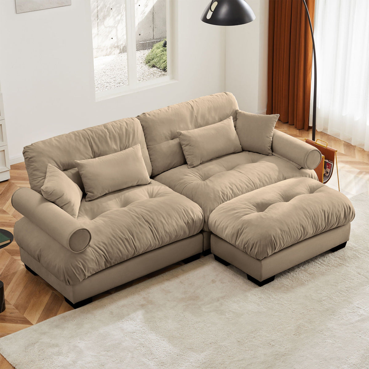 Modern Sectional Sofa With Ottoman, Round Bolster Armrests, Waist And Throw Pillows