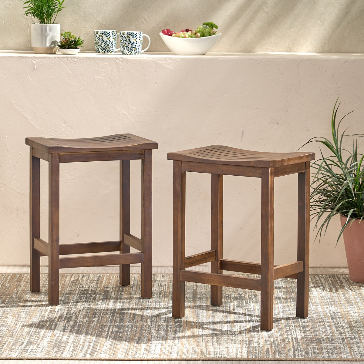 Outdoor Acacia Wood Counter Height Barstool Set of 2