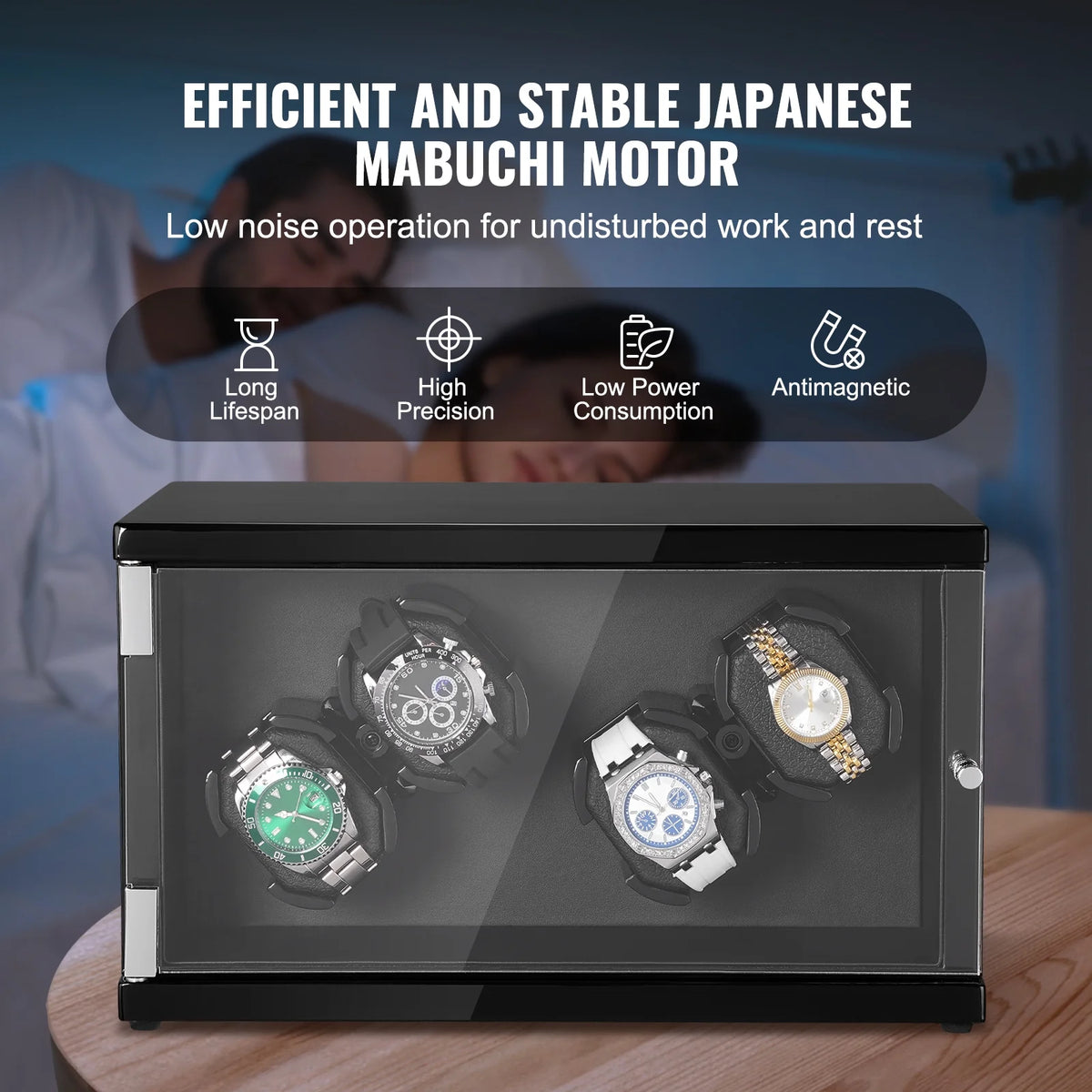 Watch Winder for 4 Automatic Watches with 2 Quiet Japanese Mabuchi Motors