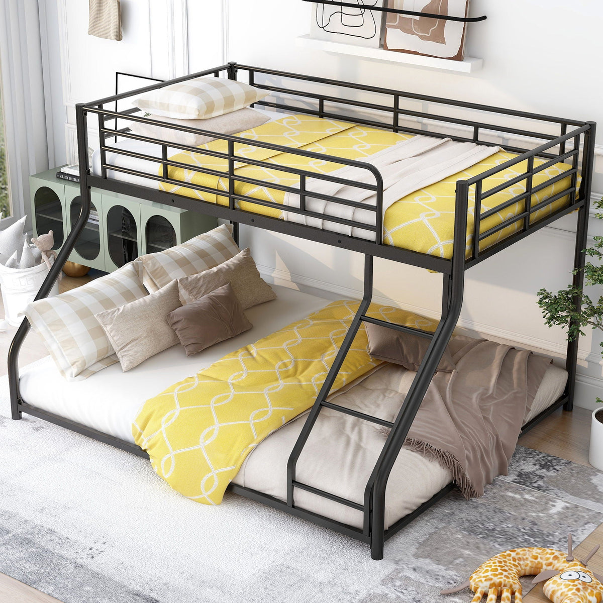 Metal Floor Bunk Bed With Sloped Ladder, Space Saving Design