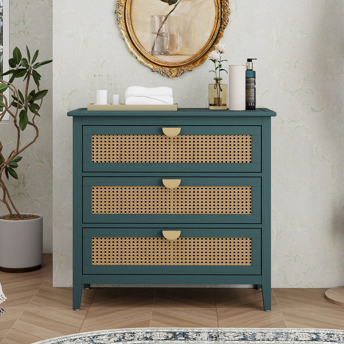3 Drawer Cabinet, Natural Rattan, American Furniture