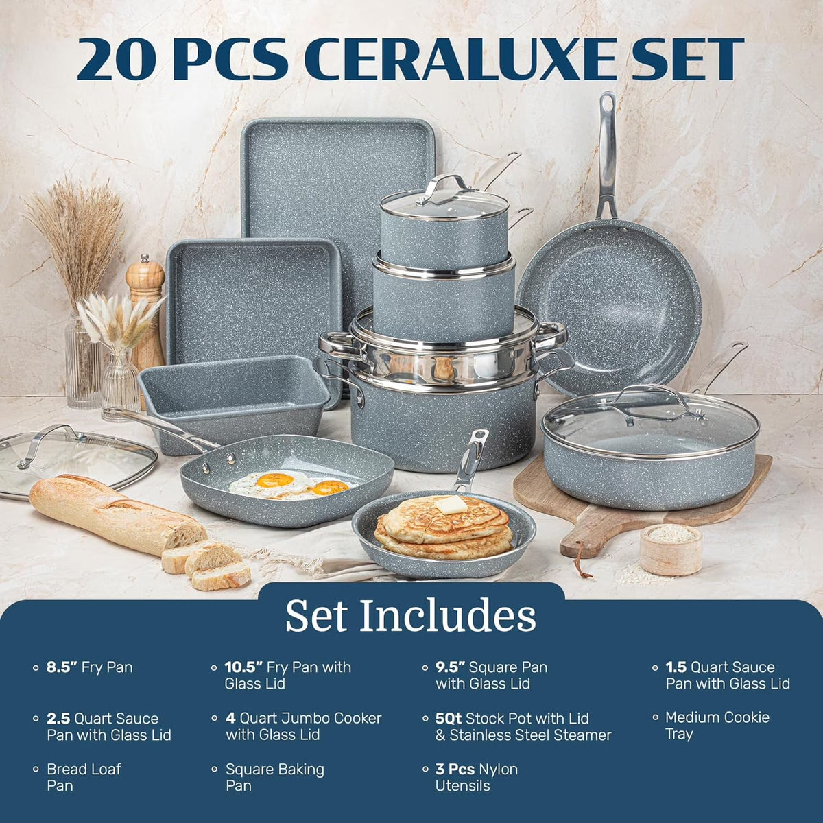 20 Pc Pots and Pans Set Non Stick, Pots and Pans Ceramic Cookware Set with Square Pan, Pot and Pan Set with Bakeware/Utensils, Non Stick Pots and Pan Set, Oven/Dishwasher Safe, Gray