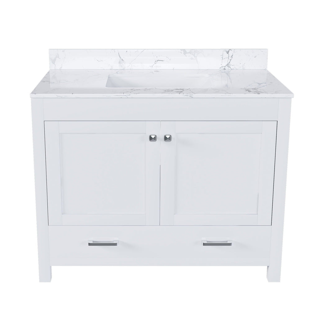 43" Bathroom Vanity With Artificial Marble Carrara Top Set, Multi Functional Cabinet With Doors And Drawer - White