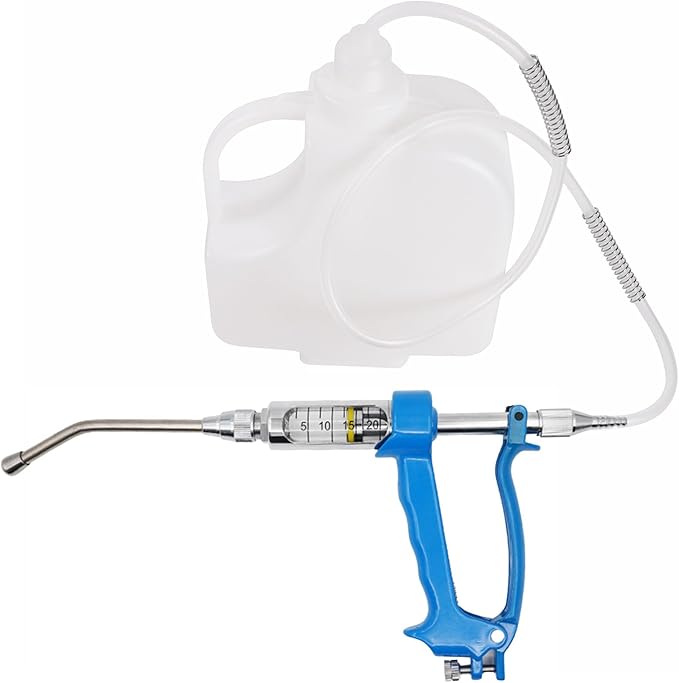 20ML Veterinary Metal Feeding Gun, Continuous Drench Gun Dosing Device Veterinary Adjustable Medicine Dispenser Husbandry Autonomous Feeding Tool, for Pig Cow, Sheep, Horse (Blue, 20ML+Kettle)