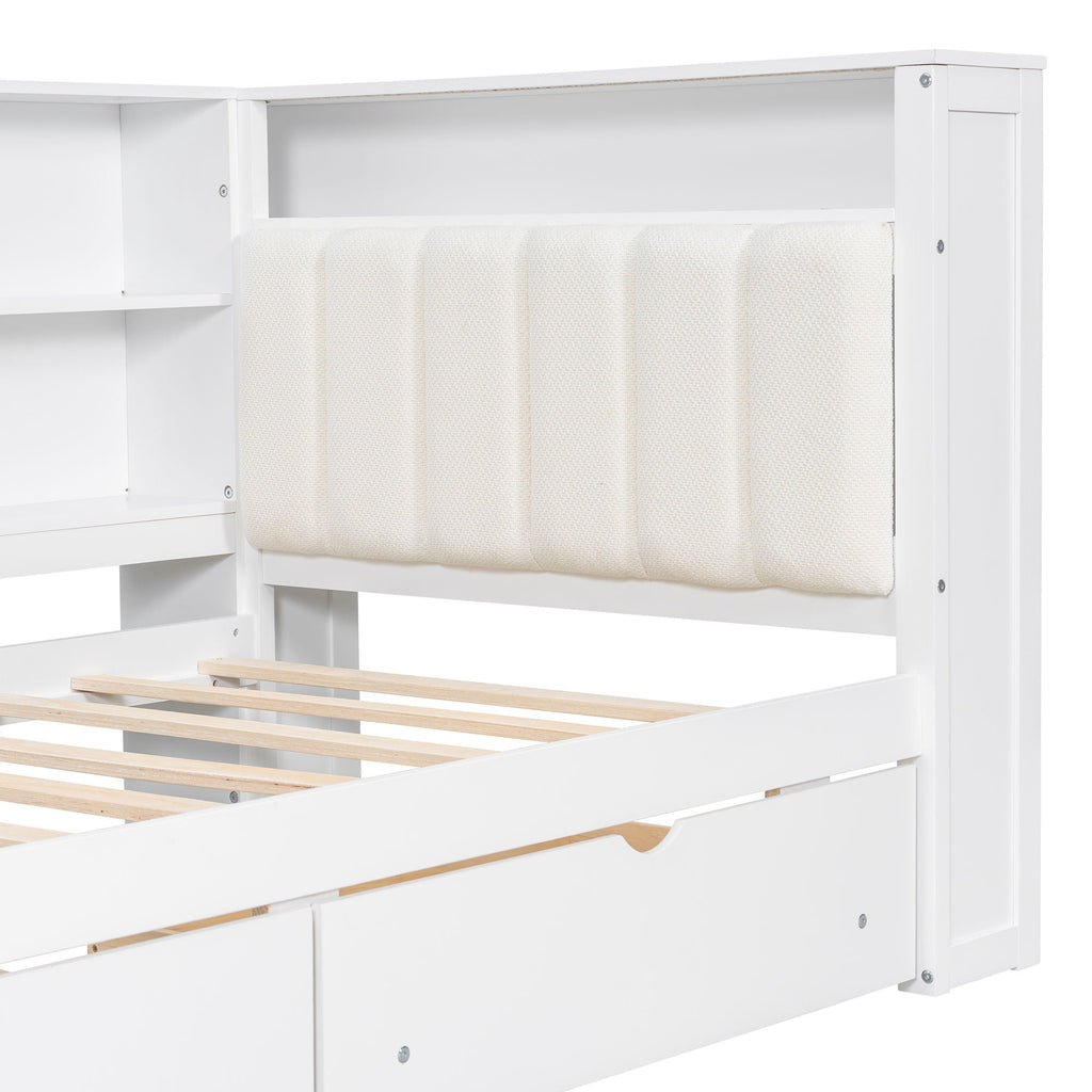 Platform Bed With Upholstered Headboard, Storage Shelves, Drawers, Charging Station, LED Lighting, Built In Desk