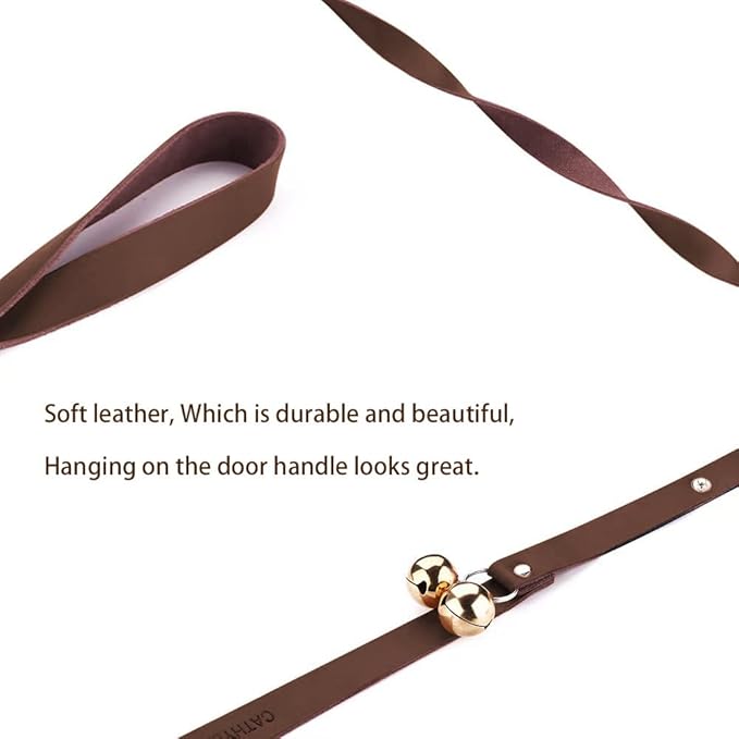 Leather Dog Doorbells for Door Knob/Potty Training/Go Outside, Length Adjustment Copper Dog Bell, Housetraining Hanging Bell, Dark Brown Leather Golden Bells - 2 Pack