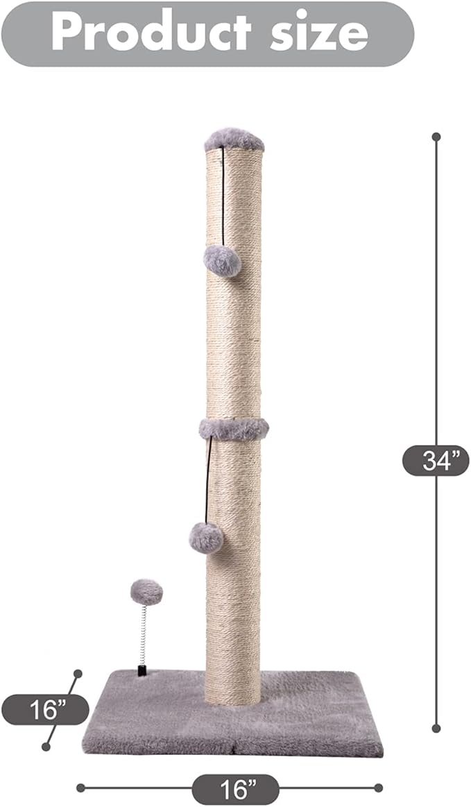 MECOOL 34“ Tall Cat Scratching Post Premium Basics Kitten Scratcher Sisal Scratch Posts Trees with Hanging Ball for Indoor Cats, Gray