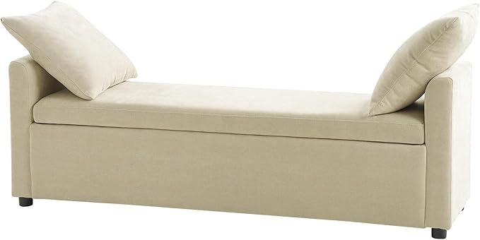 HULALA HOME Modern Storage Bench with Throw Pillows, 59.4" Extra Long Bedroom Ottoman Bench for End of Bed, Comfy Upholstered Footstool for Entryway Dining Room Living Room, Beige