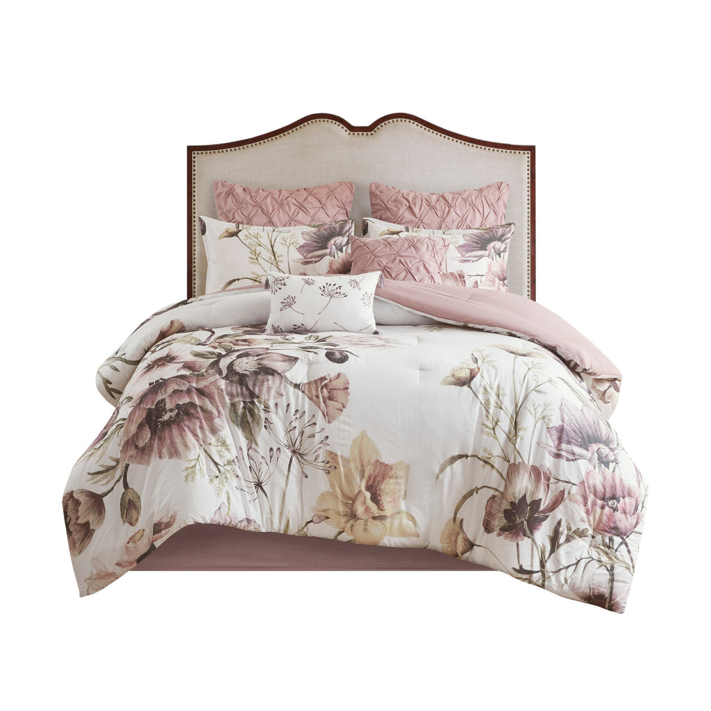 8 Piece Cotton Printed Comforter Set Blush Queen