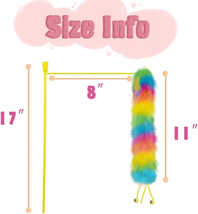3 Pack Cat Wand Toy, Rainbow Cat Feather Toys with Bells, Teaser Wand with Soft Furry Tail, Interactive Toys for Indoor Cats & Kitten & Kitty