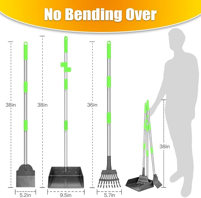 TOOGE Larger Pooper Scooper, Dog Pooper Scooper for Large Medium Small Dogs Heavy Duty Long Handle Metal Tray Rake Shovel Set for Yard Grass