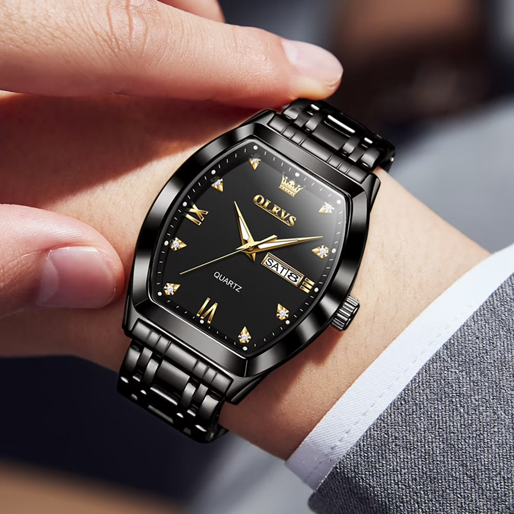 Mens Watches Square Business Dress Diamond Analog Quartz Date Luxury Watches for Men Dress Casual Stainless Steel Waterproof Luminous Mens Wrist Watches Gifts Reloj Para Hombre Gold/Black Dial