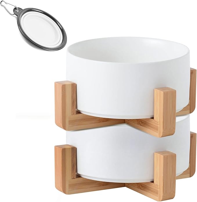 Petygooing Ceramic Dog Cat Bowl Set with Stand, Pet Dog Food and Water Dish,Medium Pet Bowls Anti Slip Set of 2 Cat Bowls-White Pet Food Bowl- Small Medium Size Pet (28 OZ /3.6 Cups)
