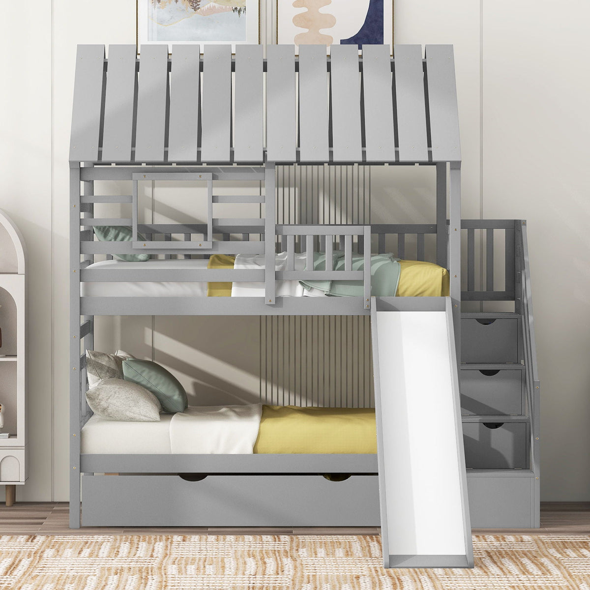 House Bunk Bed With Trundle, Storage Staircase, Roof And Window Design