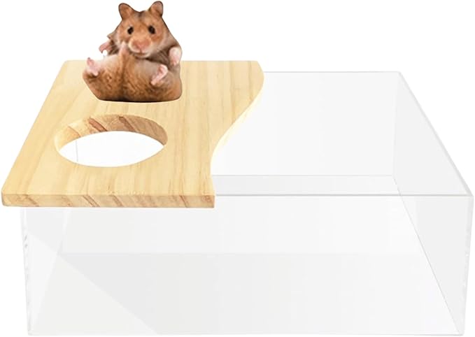 Hamster Sand Bath Box Container, Small Pet Sandbox Lid Design Take Bath Wooden Sandbox Dust Bath, Transparent Bathroom & Digging Box Acrylic Syrian Hamster Litter Box Small Animal Accessories (C)