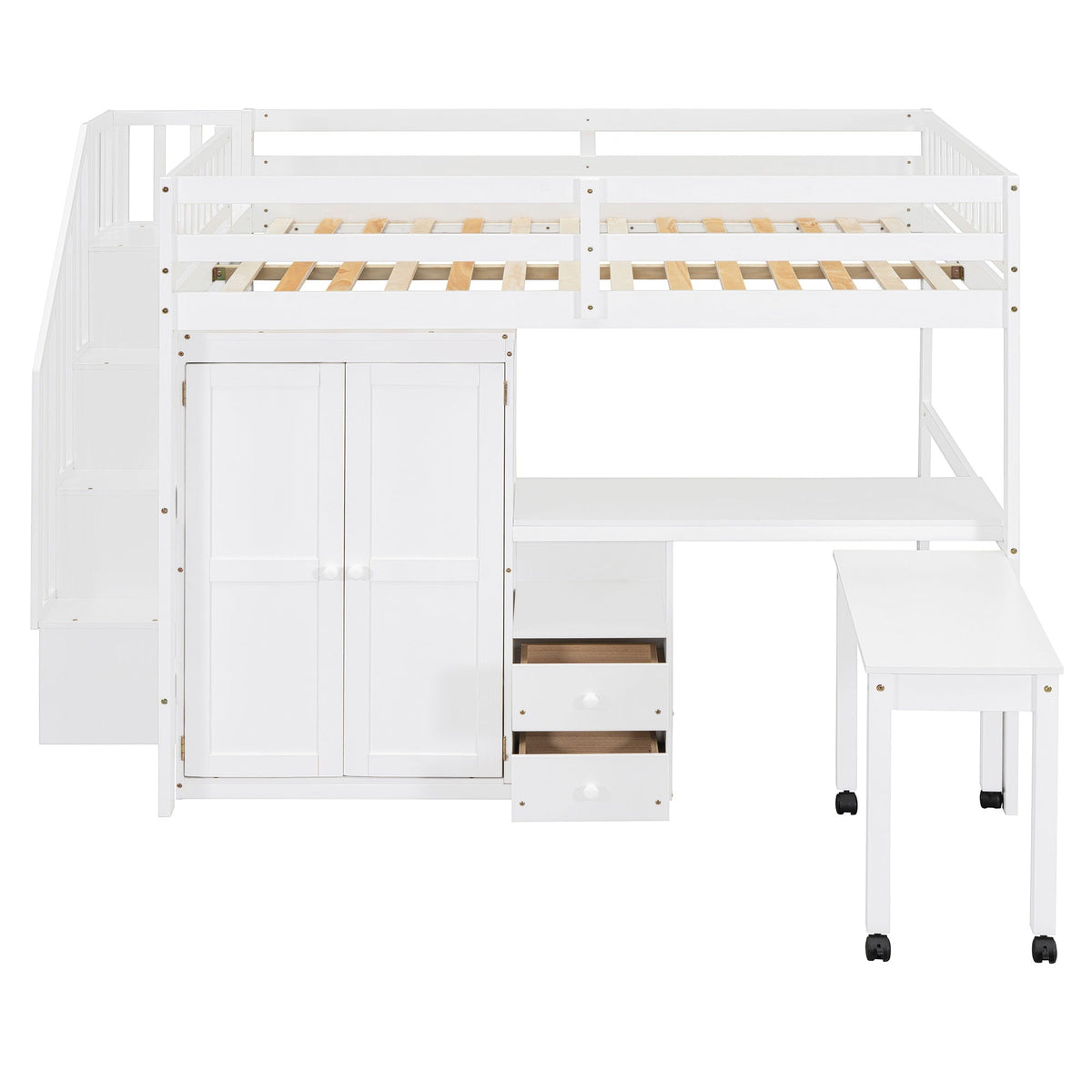 Loft Bed With Stairs, Bookshelf, Drawers, Desk & Wardrobe, Space Saving Multifunctional Furniture