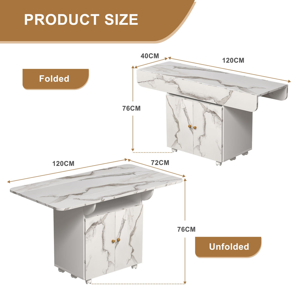 Versatile Marble Folding Dining Table With Storage Rack And Cabinet, 6 Wheels - White