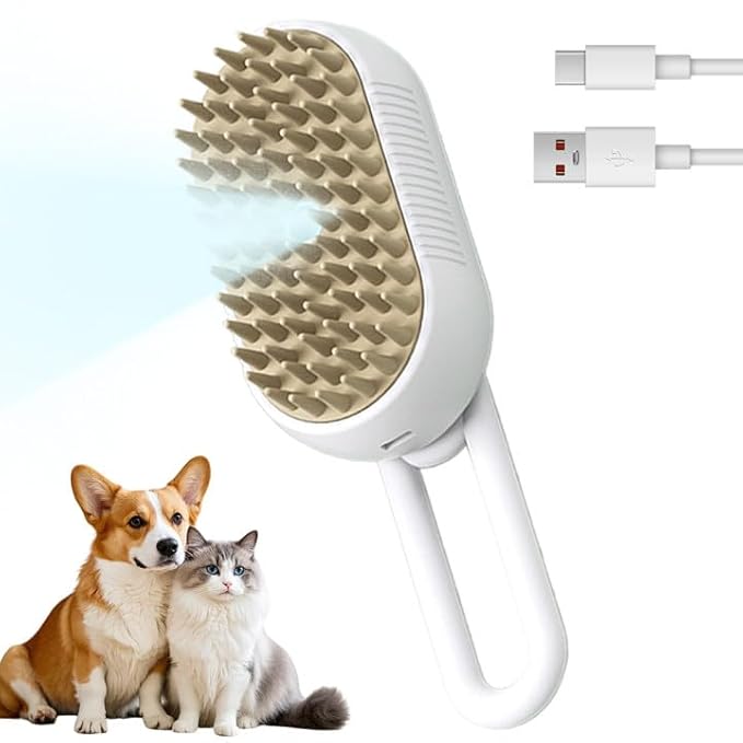 3-In-1 Rechargeable Steamy Cat Brush, Deep Cleaning & Hair Removal System with Rotating Handle, 360° Massage for Cats & Dogs (White)