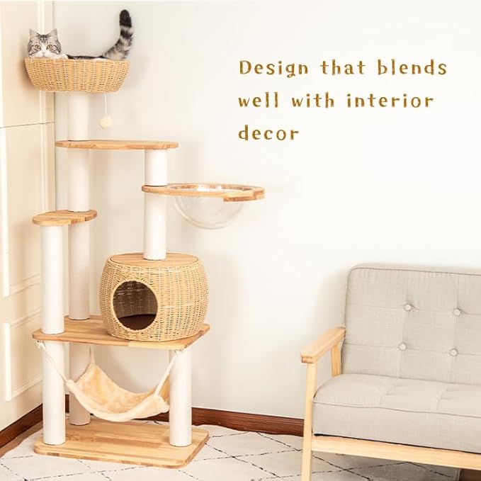 57'' Cat Tower for Large Cats, Manual Hand Woven Modern Multi-Level Condo with Natural Wood, Cat Activity Centre for Medium and Big Pets