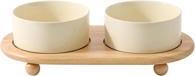 Ceramic Elevated Dog Bowls, Food and Water Bowls for Dogs, Puppy, Raised Dog Dish, Pet Feeder(6inch, 2 x Beige + Stand)