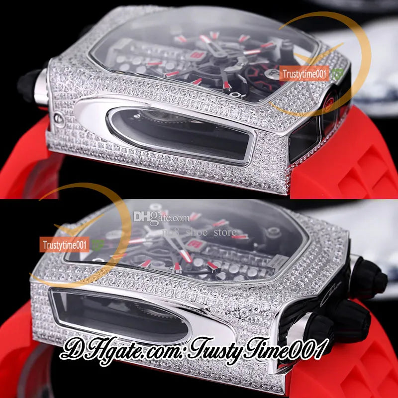 Bugatti Chiron Tourbillon Autoamtic Mens Watch 16 Cylinder Engine Skeleton Dial Iced Out Diamonds Inlay Case Blue Rubber Strap Trustytime001Watches BU200.30