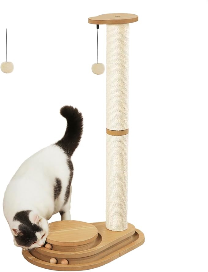 Made4Pets Cat Scratching Post Cat Scratcher Kitten Toys for Indoor Cats Wooden Ball Track Two-Layer Modern Sisal 32" Tall Scratch Post Interactive Toy with Dangling Ball Large Size