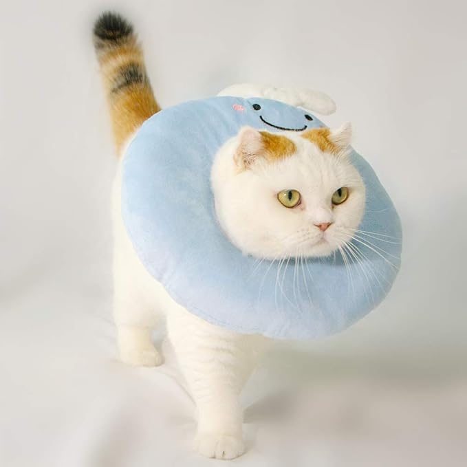 Adjustable Cat Recovery Collar Soft,Cute Pet E-Collar Neck Cone After Surgery Wound Healing Protective Cone Fit for Kitties, Small Dogs(ELC05-whale-l)