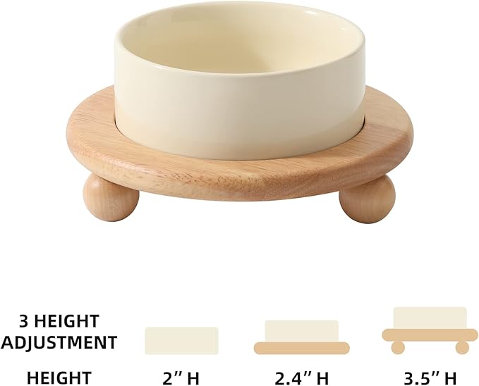 Ceramic Elevated Cat Food and Water Bowl, Kitty Bowl, Raised Cat Dish, Pet Feeder (5.1 in,1 x Beige + Stand)