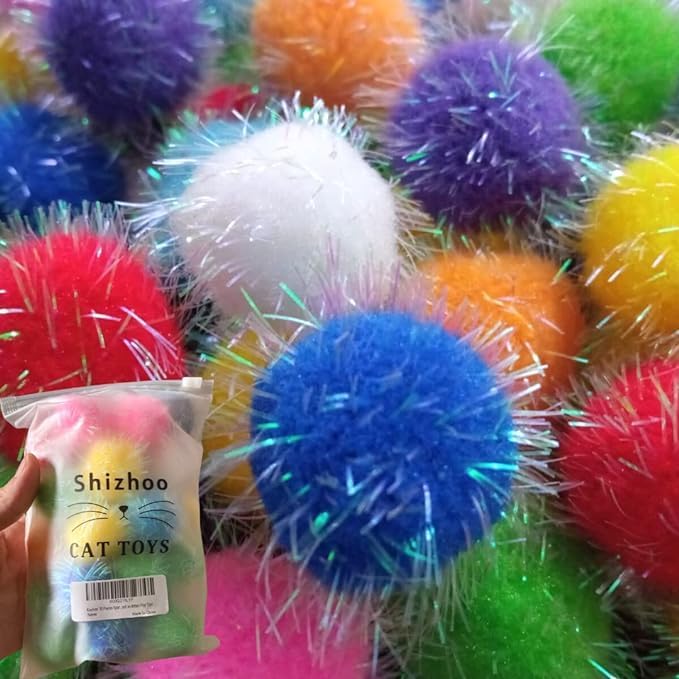 20 Pieces Mix Sizes Sparkle Pom Pom Balls for Cat - Interactive Glitter Balls, Multicolor, Best as Kitten Play Toys.