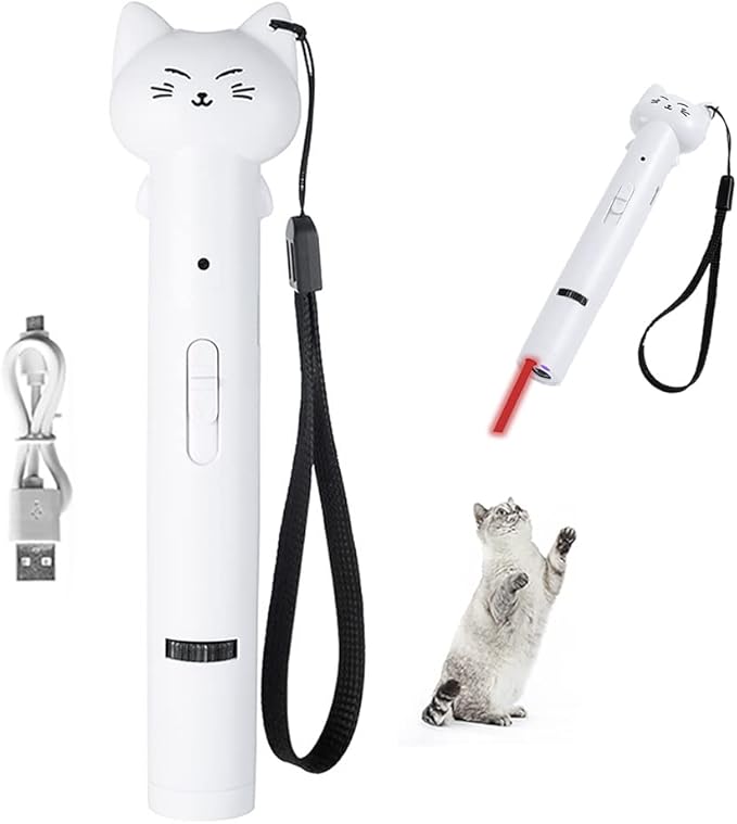 PARTSPOWER Laser Pointer Interative Cat Toy for Cats to Chase, Rechargeable Red Laser Light Pointer Exercises Training Tool for Kittens Cats Dogs (White)
