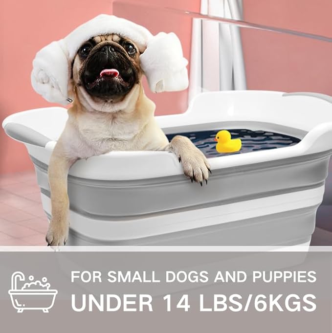 Collapsible Pet Bathtub with Water Drain Plug, Foldable Bathtub for Puppy Small Dogs Cats, Portable & Space Saving Design, BPA Free, Grey