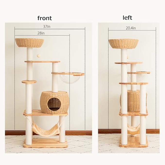 57'' Cat Tower for Large Cats, Manual Hand Woven Modern Multi-Level Condo with Natural Wood, Cat Activity Centre for Medium and Big Pets