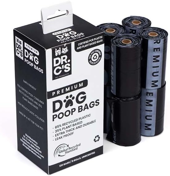 Certified 65% PCR (Post Consumer Recycled) Plastic and 35% Plant Based Dog Poop Bags - Dr. C's Premium Dog Poop Bags - 120 Bags / 8 Rolls, Extra thick, Leak Proof, Unscented, Earth Friendly