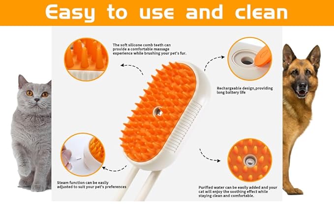 Cat Steam Brush - 3 in 1 Spray Pet Comb for Shedding, USB Rechargeable Pet Hair Removal, for Cats, Cat Grooming Brush, for Kittens and Puppies, Massage and Remove Loose Hair