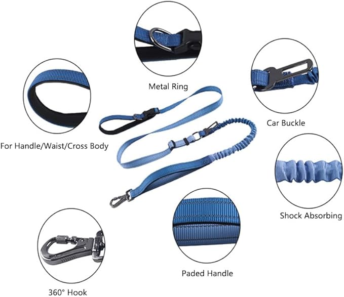 Hands Free Dog Leash for Large Medium Dogs Heavy Duty Bungee Reflective Adjustable Waist Leashes for Walking Running with Car Buckle 4-6FT (Blue)