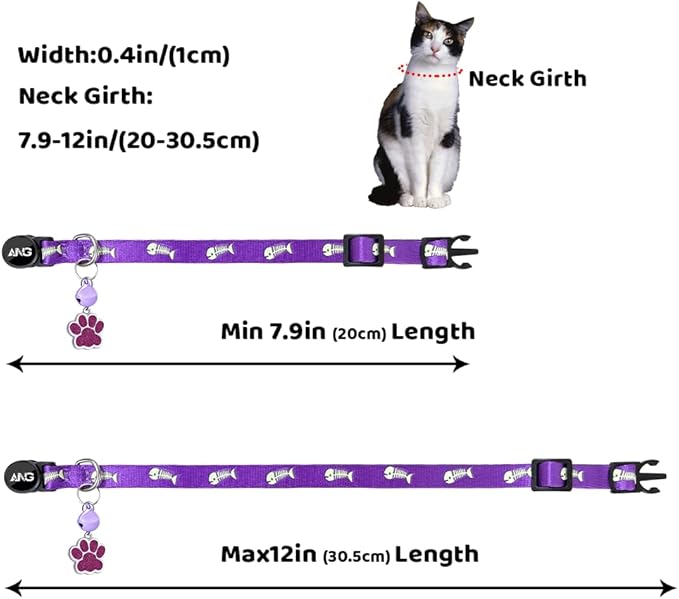 Personalized Breakaway Cat Collars Glow-in-The-Dark with ID Tag, Bell - Safety Quick - Release, Customizable for Female Male Kittens & Cats (Purple)