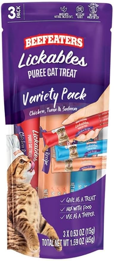 Beefeaters Cat Treats Lickable Puree 1.59oz (12-Pack) – Chicken, Grain-Free, Taurine-Enriched, Ideal for Training & Interactive Feeding