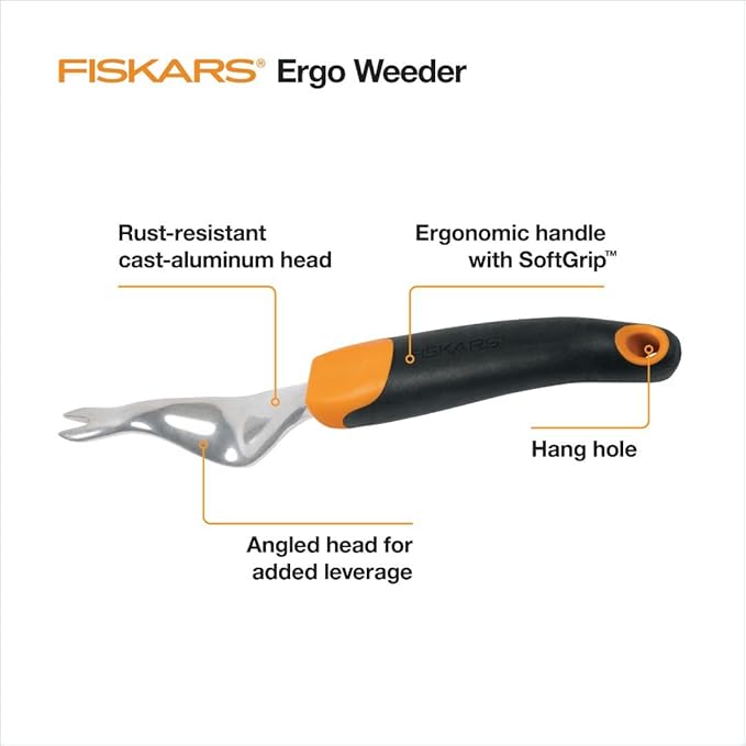 Fiskars Ergo Weeder Tool for Weeding, Heavy Duty Gardening Hand Tool with Ergonomic Handle and Hanging Hole for Storage, Remove Weeds and Roots like Dandelions and Thistles
