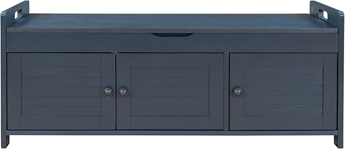 Storage Bench with 3 Shutter-Shaped Doors, Pine Wood Shoe Bench with Removable Cushion and Hidden Storage Space for Entryway Living Room 43.5" L * 16" W * 18" H, Antique Navy