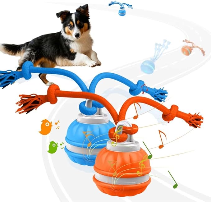 Interactive Dog Toys, Squeaky Dog Toys, Active Rolling Ball for Puppy and Medium Dogs, Squeaky, USB Rechargeable (Orange+Blue)