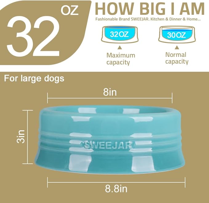 Sweejar Gradient Dog Bowl, Ceramic Dog Food Dish for Large Dogs and Large Cat, Porcelain Pet Bowl for Food and Water 32 oz (Gradient Blue)