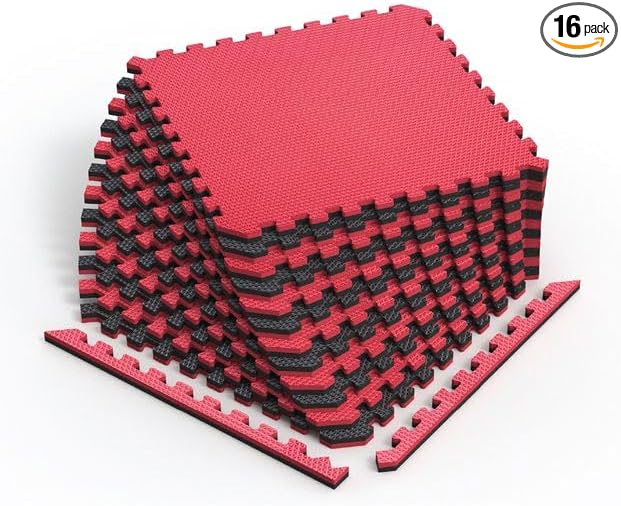 Norsk Reversible Gym Exercise Mats 3/4" Thick EVA Interlocking Foam Tiles, Perfect Home Gym Flooring, 16 24"x24" Tiles & 32 Trim Pieces, 64 Sq. Ft. Reversible, Red/Black