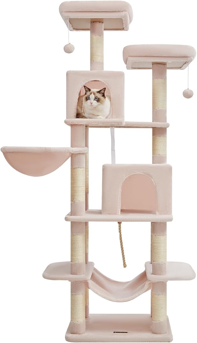 TaoqimiaoCat Tree Cat Tower for Indoor Cats, Plush Multi-Level Cat Condo with 12 Scratching Posts, 2 Perches, 2 Caves, Hammock, 2 Pompoms Jelly Pink
