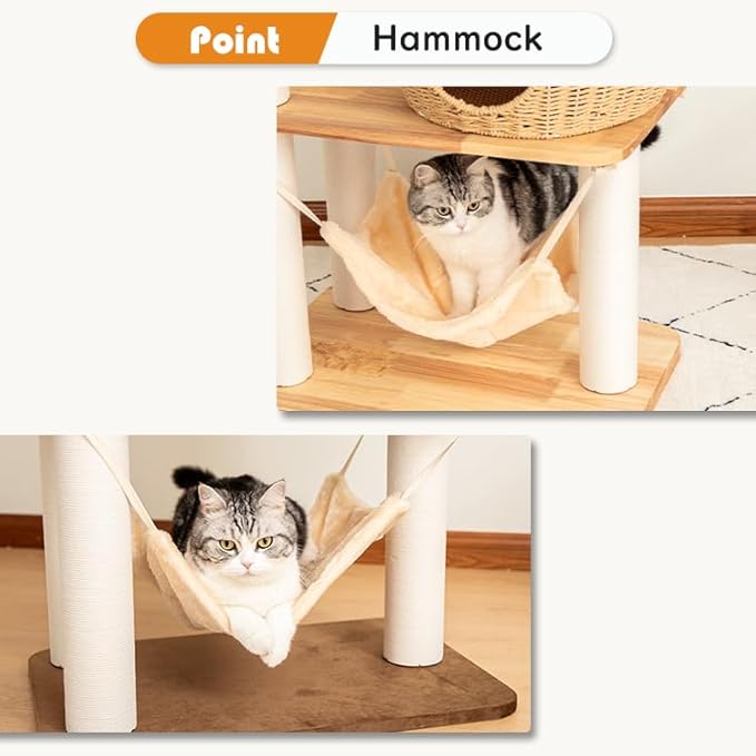 57'' Cat Tower for Large Cats, Manual Hand Woven Modern Multi-Level Condo with Natural Wood, Cat Activity Centre for Medium and Big Pets