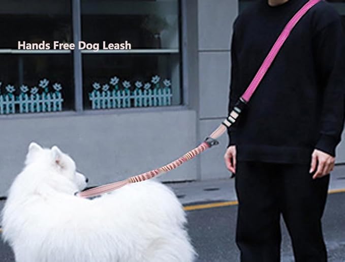 Hands Free Dog Leash for Large Medium Dogs Heavy Duty Bungee Reflective Adjustable Waist Leashes for Walking Running with Car Buckle 4-6FT (Rose)