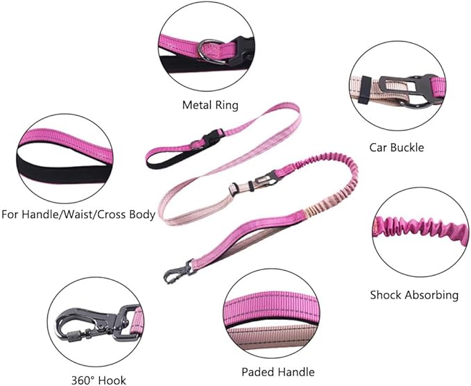 Hands Free Dog Leash for Large Medium Dogs Heavy Duty Bungee Reflective Adjustable Waist Leashes for Walking Running with Car Buckle 4-6FT (Rose)