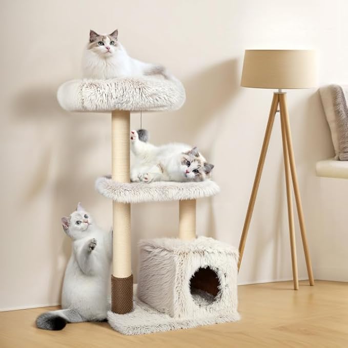 KAMABOKO 41" Tall Modern Cat Tree - Wooden Cat Tower with Cat Condo, Hammock & Top Perch, Cute Wood Cat Tree Natural Sisal Posts for Climb Scratch Play Rest
