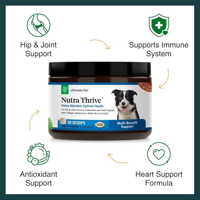 Ultimate Pet Nutrition Nutra Thrive Canine, 40-in-1 Nutritional Powder Supplement for Dogs with Digestion and Immune Support, Vitamins, Minerals, Probiotics, Enzymes, 30 Scoops