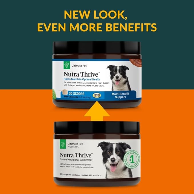Ultimate Pet Nutrition Nutra Thrive Canine, 40-in-1 Nutritional Powder Supplement for Dogs with Digestion and Immune Support, Vitamins, Minerals, Probiotics, Enzymes, 30 Scoops